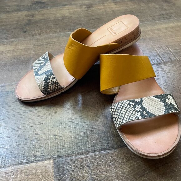 Dolce Vita Mustard & Snakeskin Leather Slide Sandals – Size 8 - Picture 2 of 11